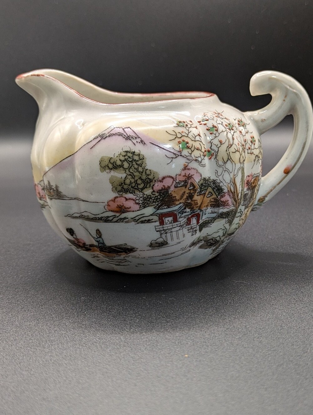 Hand Painted. Japan. Porcelain Scenic Creamer in White with Pink and Green.